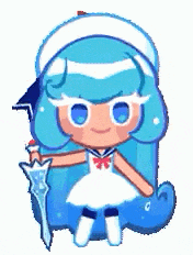 a cookie run character with blue hair and a sailor hat holding a sword .
