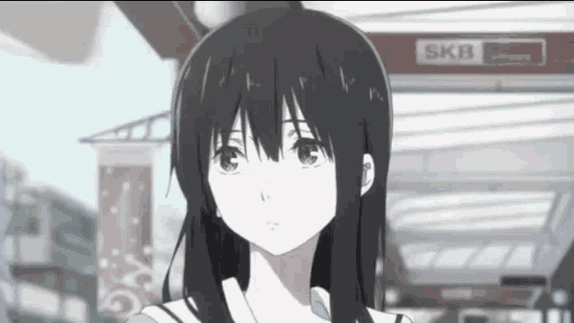 a girl with long black hair is standing in front of a store called skb