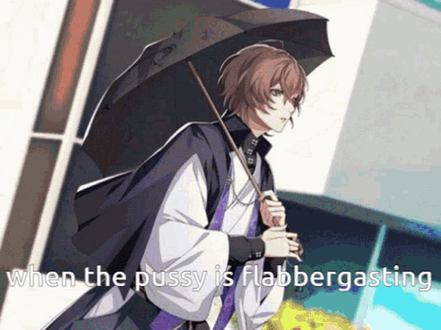 a man holding an umbrella with the words when the pussy is flabbergasting