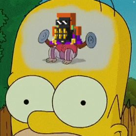 a cartoon of homer simpson lifting a barbell with a building in the background