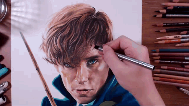 a person is drawing a man with a pencil that says prismacolor on it