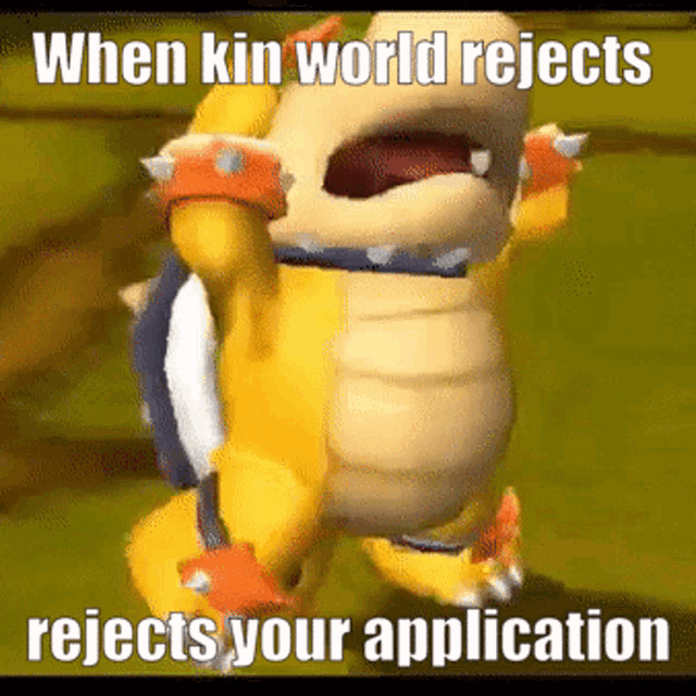 a cartoon character with the words when kin world rejects rejects your application