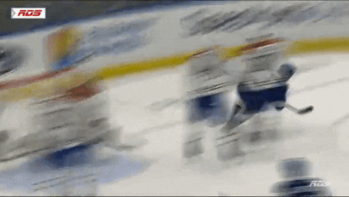 a blurred image of a hockey game with ads on the bottom