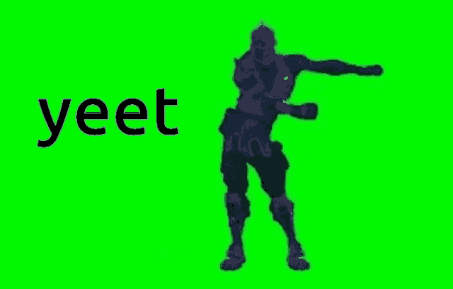 a man is standing in front of a green screen with the word yeet written on it .