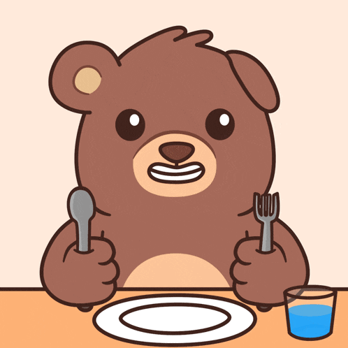 a cartoon bear is sitting at a table with a plate and a fork and spoon