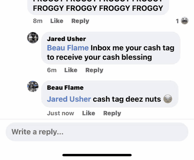 a screenshot of a facebook conversation with beau flame and jared usher