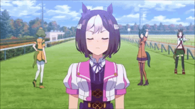 a girl with purple hair is standing in a field with her eyes closed