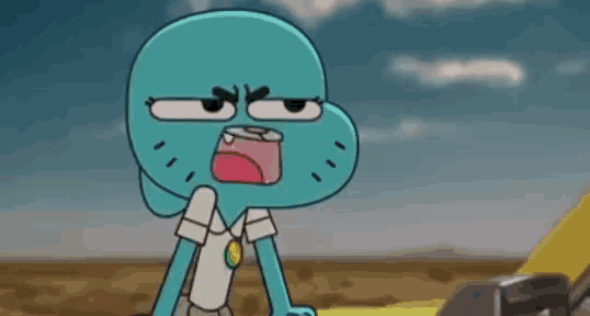 gumball from the amazing world of gumball is making a funny face while standing next to a car .