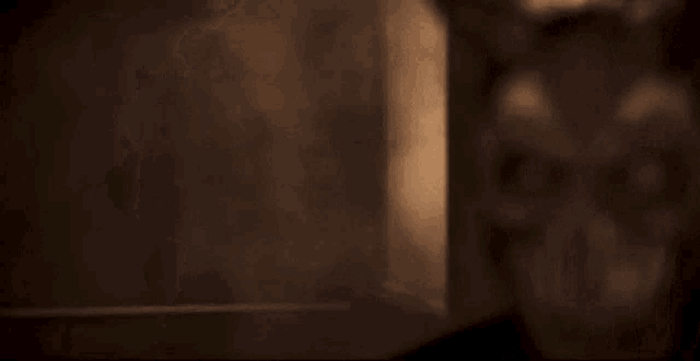 a dark room with smoke coming out of the door and a skull in the background .