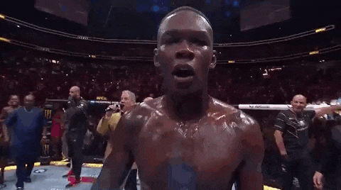 a man is holding a ufc heavyweight championship belt in front of a crowd of people .