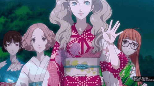a group of anime girls are standing next to each other and one of them is wearing a kimono and waving