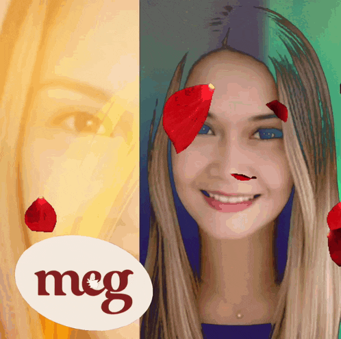 a woman 's face is surrounded by red petals and the word meg is on the bottom