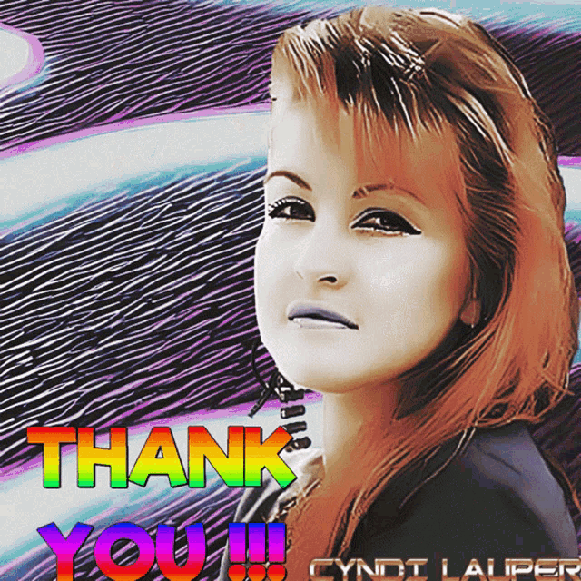 cyndi lauper is featured on the cover of a colorful thank you card