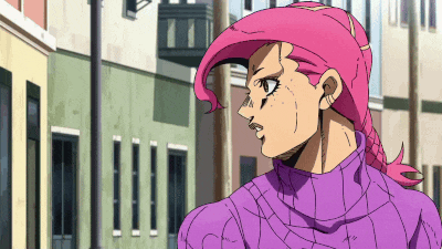 a cartoon character with pink hair and a purple outfit