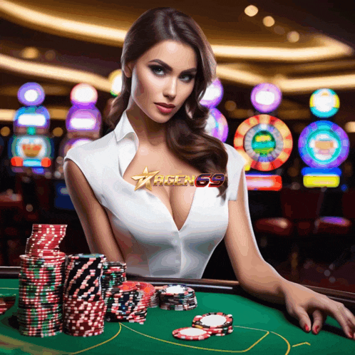 a woman sitting at a poker table with aces gs on the bottom