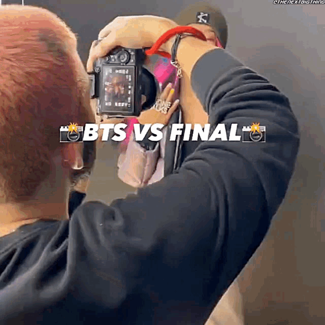 a man is taking a picture of a woman with the words " bts vs final "