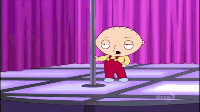 a cartoon character stands on a pole in front of a purple curtain