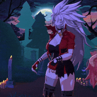 a cartoon of a woman in a cemetery with candles in the background
