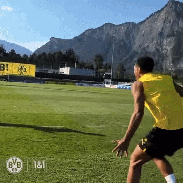 a soccer player wearing a yellow vest with the bvb logo on it