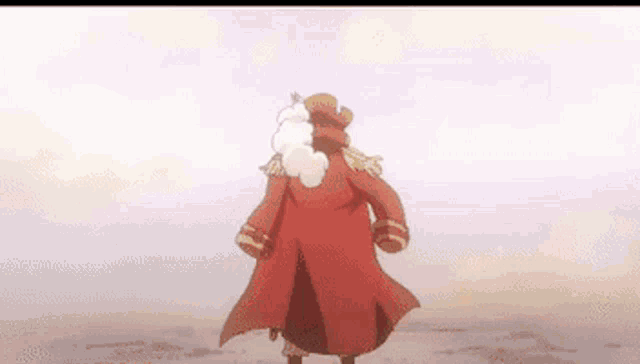 a cartoon character in a red coat and hat is walking on the beach