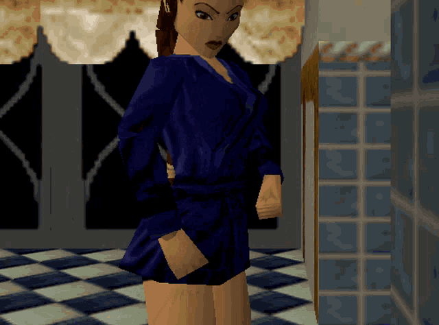 a woman in a blue robe stands in a room with a checkered floor