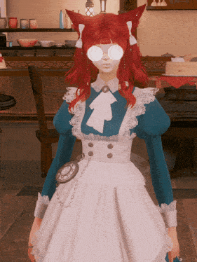 a girl with red hair and glasses is wearing a maid costume