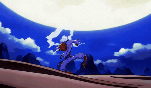 a cartoon of a person running in front of a large light