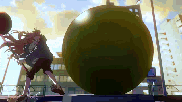 a cartoon drawing of a girl standing next to a large ball