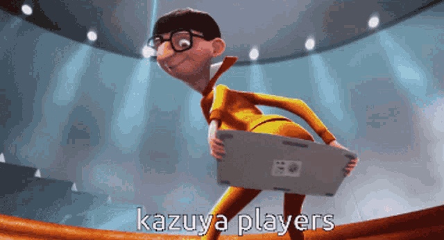 a cartoon character is holding a laptop and says " kazuya players " on the bottom