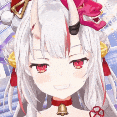 a close up of a cartoon character with horns and a bell around her neck
