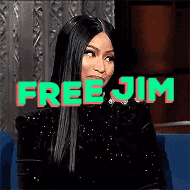 a woman in a black dress is sitting in a chair with the words free jim behind her