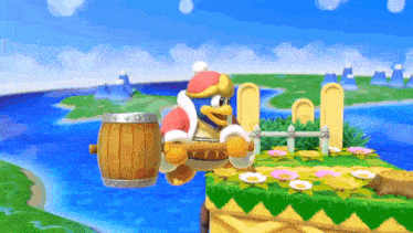 a cartoon character is holding a wooden barrel over a cliff
