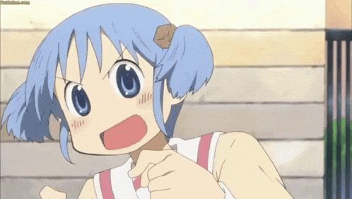 a cartoon girl with blue hair is making a funny face with her mouth open