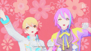 a couple of anime characters standing next to each other with flowers in the background and the word love written on the bottom