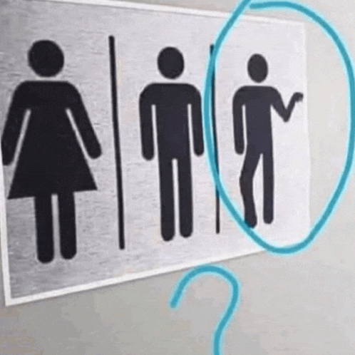 a picture of a man and a woman in a bathroom with a question mark in the middle .