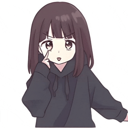 a girl in a black hoodie is pointing at her eye .