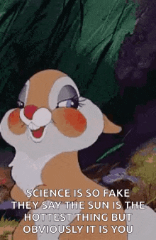 a cartoon rabbit with a caption that says science is so fake they say the sun is the hottest thing