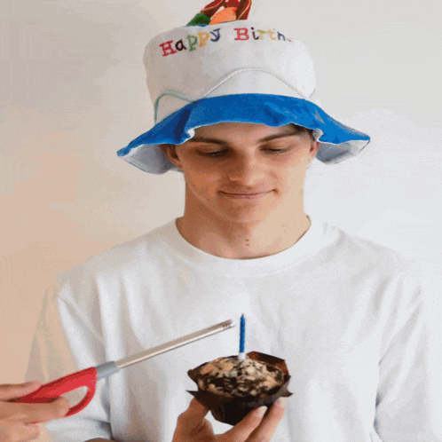 a bunny wearing a birthday hat looks at a cupcake