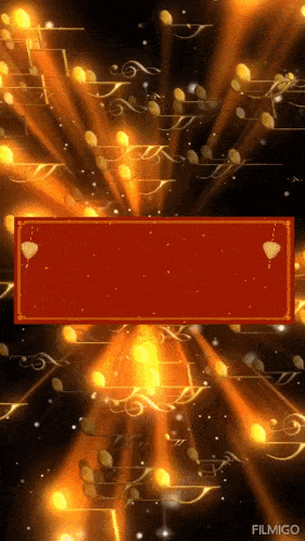 a red banner is surrounded by gold notes and lanterns