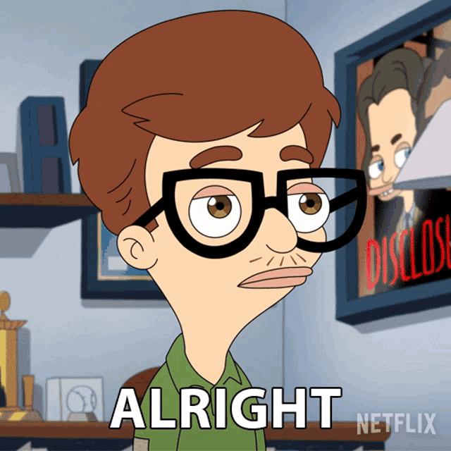 a cartoon character says " alright " in front of a picture of a man