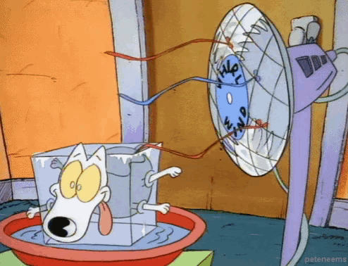 a cartoon of a dog in an ice cube being cooled by a fan ..