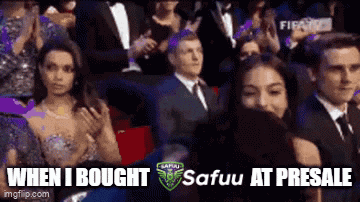 a group of people are sitting in front of a screen that says ' when i bought safuu at presale ' on it