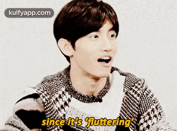 a young man in a plaid sweater is talking and saying `` since it 's fluttering '' .