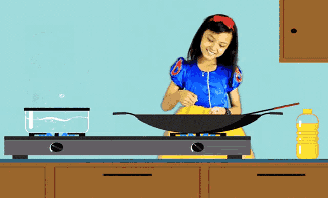 a little girl in a snow white outfit is cooking