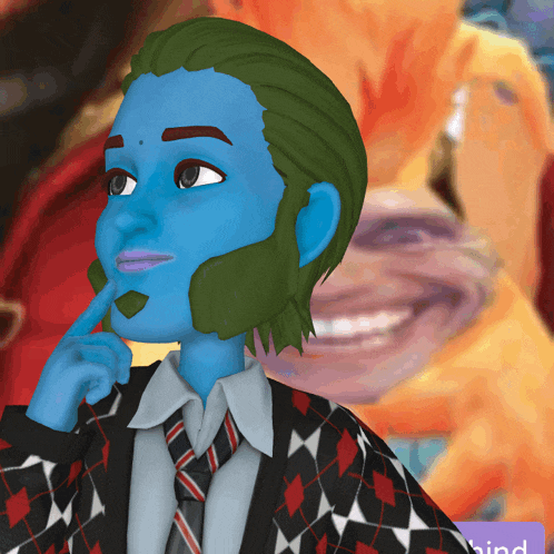 a cartoon of a man with blue hair and a green beard