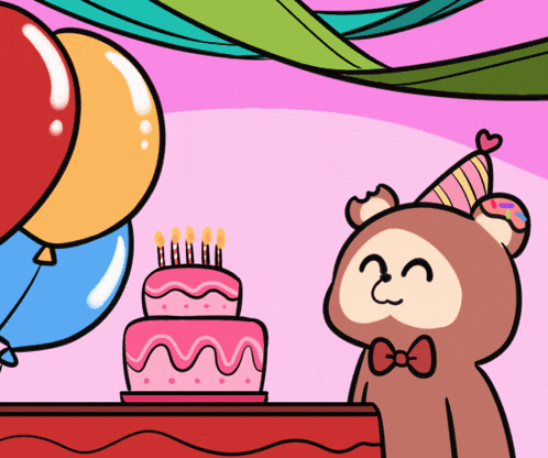 a cartoon of a bear wearing a party hat looking at a birthday cake
