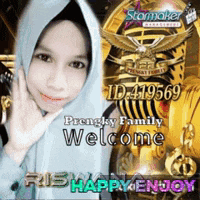 a woman wearing a hijab is standing in front of a sign that says " prongky family welcome "