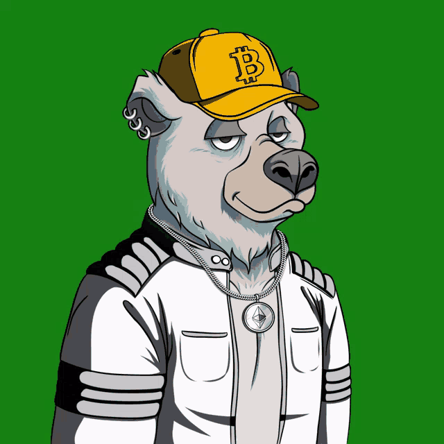 a polar bear wearing a yellow hat with a bitcoin symbol on it