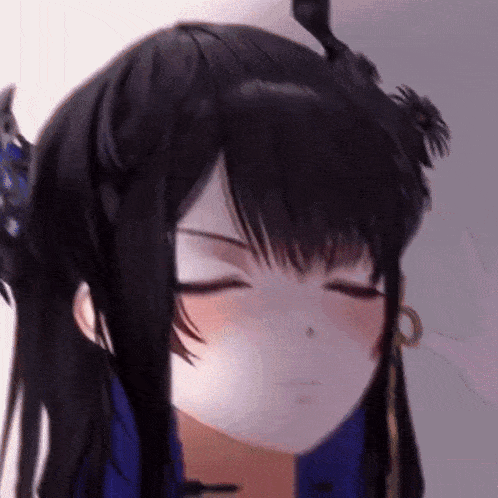 a close up of a anime girl with her eyes closed and a feather in her hair .