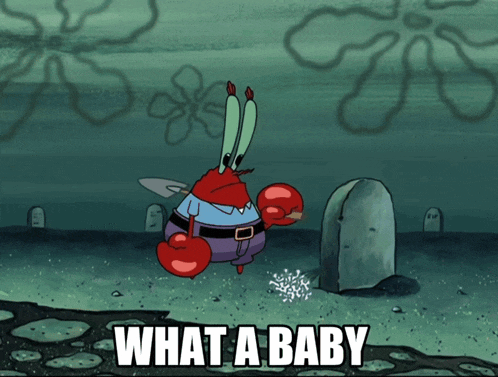 a cartoon of a crab holding a shovel and the words what a baby